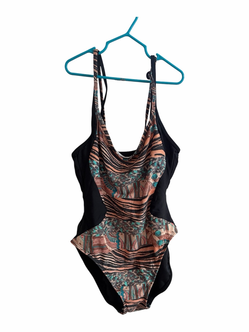 Patterned Black One-Piece Swimsuit with Teal Accents